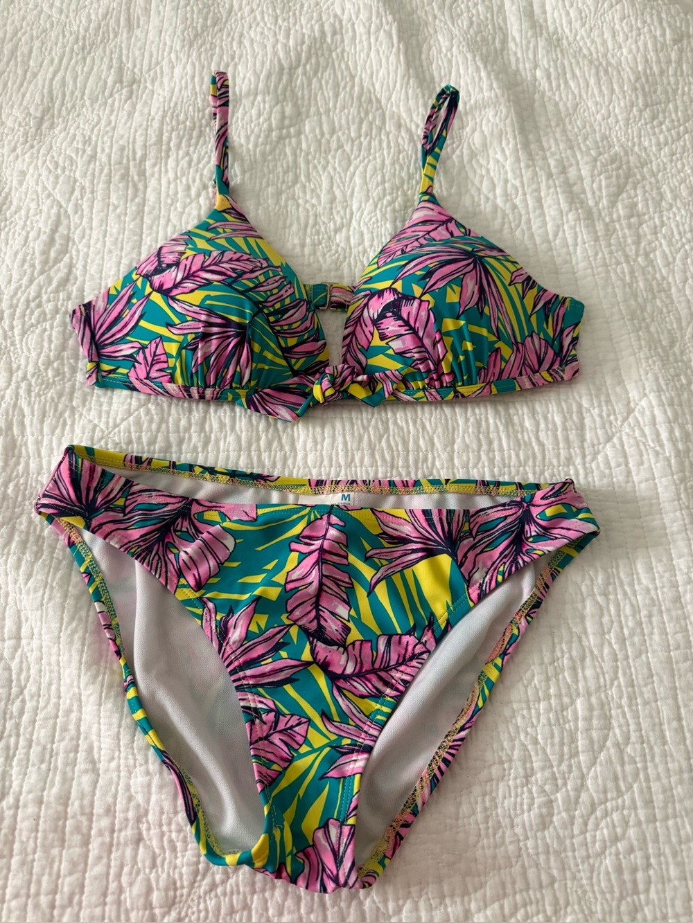 Tropical Leaf Underwire Bikini Set - Pink & Teal